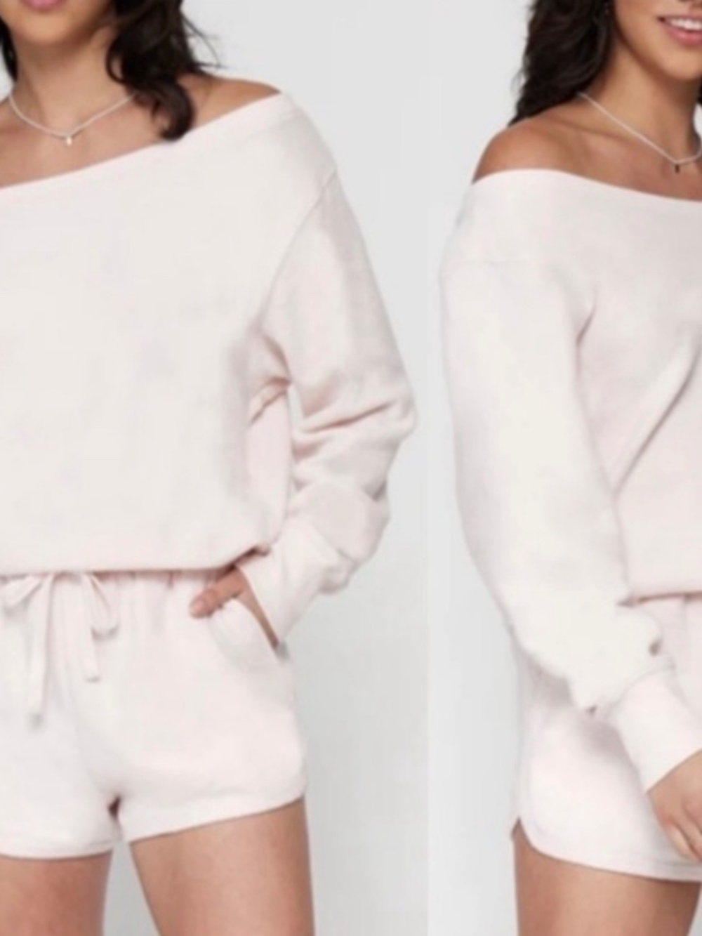 NWT SPIRITUAL GANGSTER Sherpa Off Shoulder Romper Pink Cotton Linen Blend - Picture 2 of 5